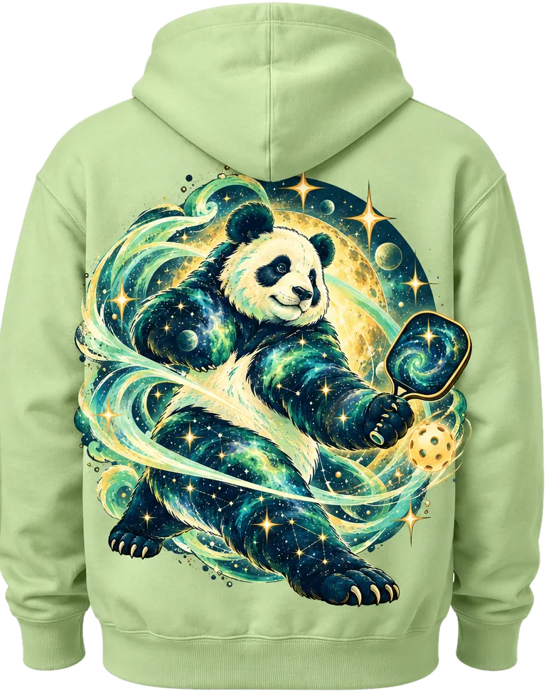 Back of a lime-green hoodie printed with a galaxy-patterned panda swinging a pickleball paddle, surrounded by stars and swirls.